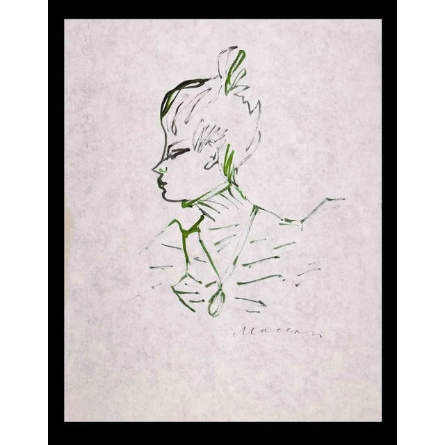 Portrait is a green ink Drawing realized by Mino Maccari (1924-1989) in 1970s. Hand-signed on the lower margin. Good...