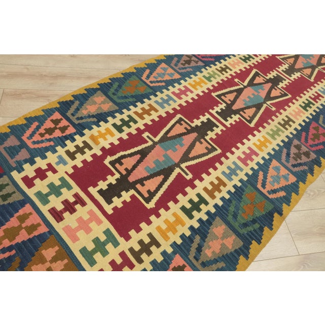 Blue 1960s Turkish Tribal Style Hand Knotted Oushak Kilim Runner Rug For Sale - Image 8 of 11