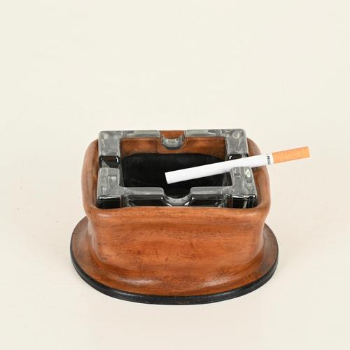 Curved Leather and Crystal Ashtray by Jacques Adnet, Italy, 1950s For Sale - Image 3 of 12