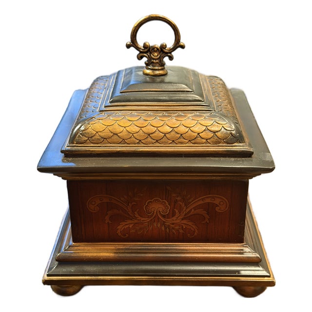 Vintage Regency Revival Tea Caddy Jewelry Box With Fish Scale Lid For Sale