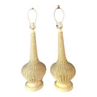 1980s Mid Century Modern Ceramic Basketweave Table Lamps Pair For Sale