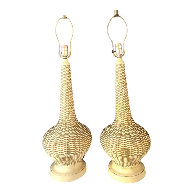 1980s Mid Century Modern Ceramic Basketweave Table Lamps Pair For Sale