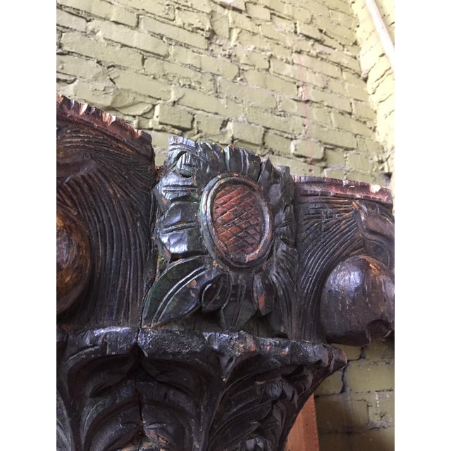Modern 1930s Vintage Painted and Heavily Carved Teak Wood Columns With Lions - a Pair For Sale - Image 3 of 13