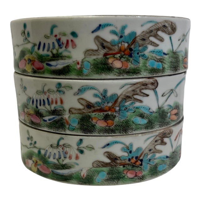 Antique Famille Rose Qing Dynasty Chinese Polychrome Porcelain Stacking Food Boxes For Sale