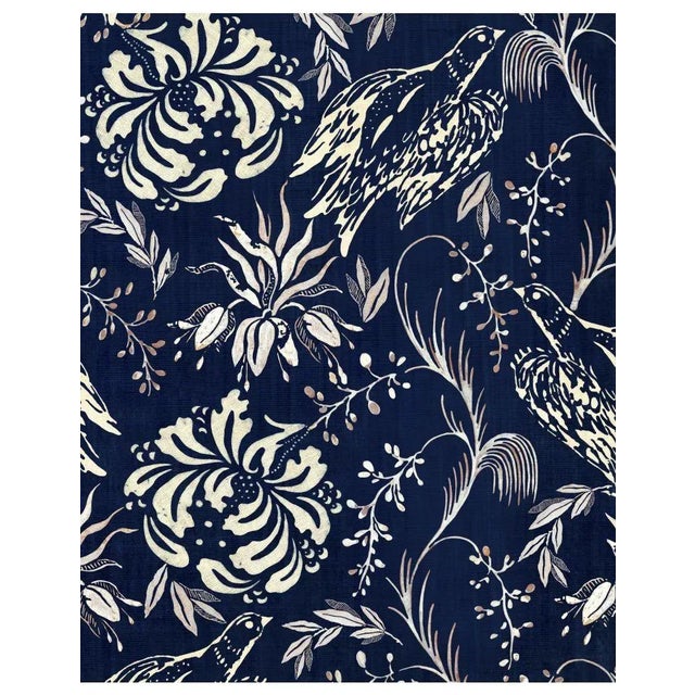 Mind the Gap Folk Embroidery Indigo Wallpaper For Sale