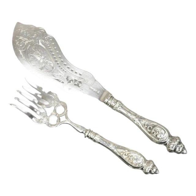 Antique English Victorian Silver Plated Figural Fish Service Fork Knife Set For Sale