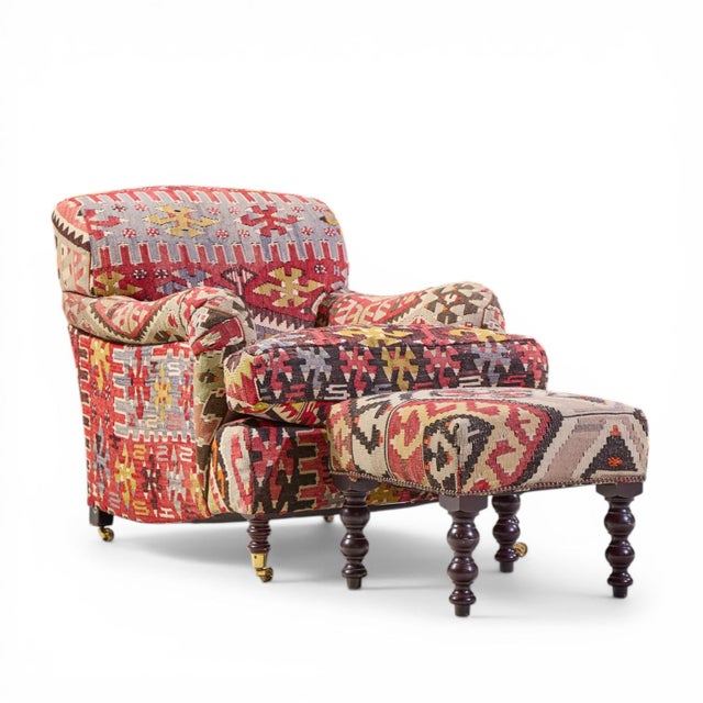 George Smith George Smith Kilim Lounge Chairs - Pair With Ottoman For Sale - Image 4 of 13