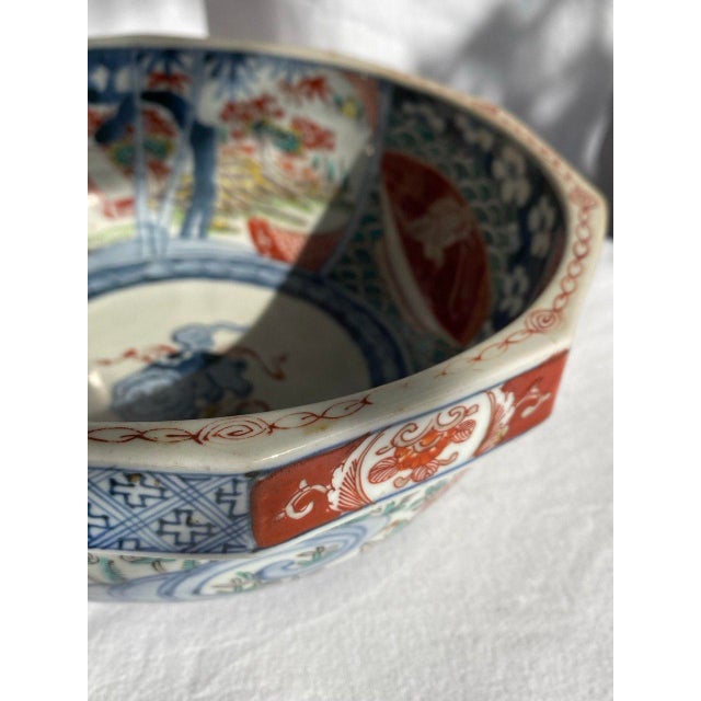 Large 19th Century Japanese Imari Octagonal Bowl With Karashishi & Landscape Panels For Sale - Image 12 of 18