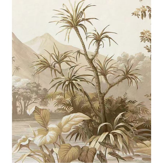 36" * H108" * 4ps, Vintage Hand-Painted Tropical Jungle Wallpaper, Antique Tropical Mural Wallpaper For Sale - Image 4 of 7