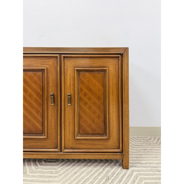 Mid 20th Century MCM Cabinet Brass Pulls Checker Panel Doors Vintage Mid-Century Storage For Sale - Image 5 of 8