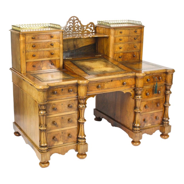 Victorian Burr Walnut Dickens Pedestal Desk, 19th Century For Sale