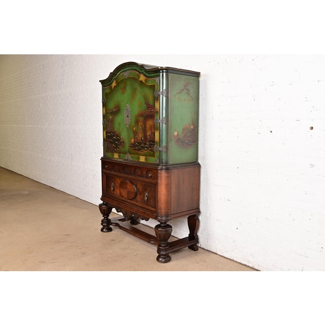 Chinoiserie Antique Chinoiserie Jacobean Green Lacquered Hand Painted Bookcase or Bar Cabinet, Circa 1920s For Sale - Image 3 of 15