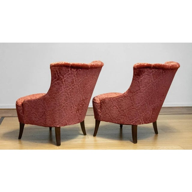 Wood Set of 20th Century Napoleon III Armchairs in Velvet Jacquard Tone-on-Tone Brick For Sale - Image 7 of 12