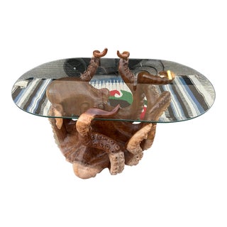 1970s Nautical Tentacles Enveloped on Glass Octopus Wooden Coffee Table For Sale
