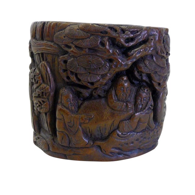 Chinese People Pine Carving Bamboo Display Figure Brush Holder Pot For Sale