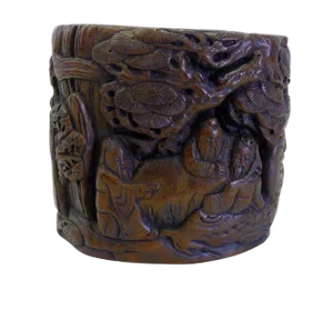 Chinese People Pine Carving Bamboo Display Figure Brush Holder Pot