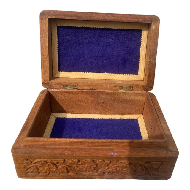 1990s Hand Carved Teakwood Jewelry Box Vintage Inlaid Wooden Trinket Storage Chest For Sale - Image 9 of 10