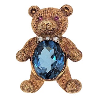18k Gold Blue Topaz Teddy Bear Pin or Pendant For Sale