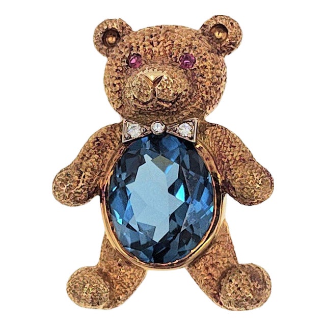 18k Gold Blue Topaz Teddy Bear Pin or Pendant For Sale