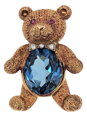 18k Gold Blue Topaz Teddy Bear Pin or Pendant