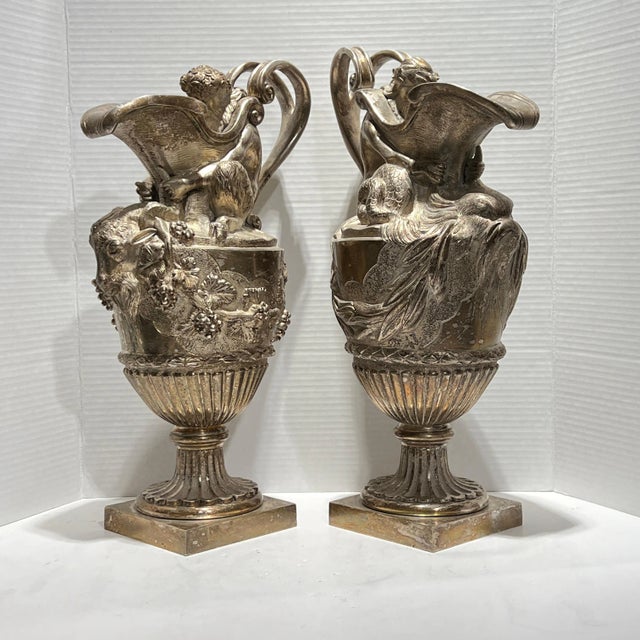 Late 19th Century 19th Century French Silvered Bronze Ewer Form Vases in Louis XVI Style - A Pair For Sale - Image 5 of 12