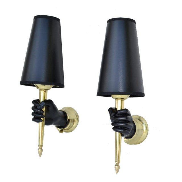 Andre Arbus Bronze Sconces Black Finish Hand Holding Light, Wall Lamp 1950 Pair For Sale - Image 13 of 13