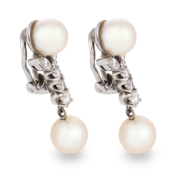 Modern Vintage Pearl Diamond 14k White Gold Drop Earrings, Pair For Sale - Image 3 of 5