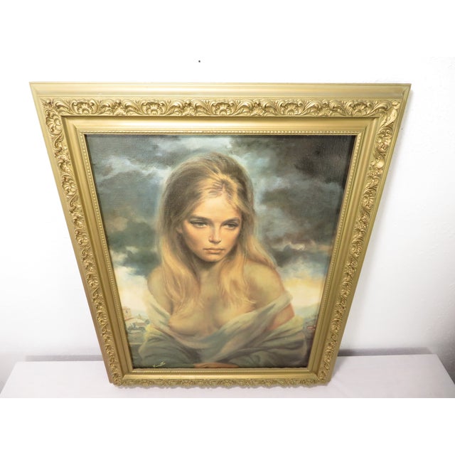 Vintage Girl of Valdarno by Vinciata on Canvas Gold Frame Mid Century Art Print For Sale In Seattle - Image 6 of 9