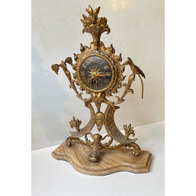 Rococo Antique French Mantel Clock in Gilt Brass and Marble, 19th Century For Sale - Image 3 of 13