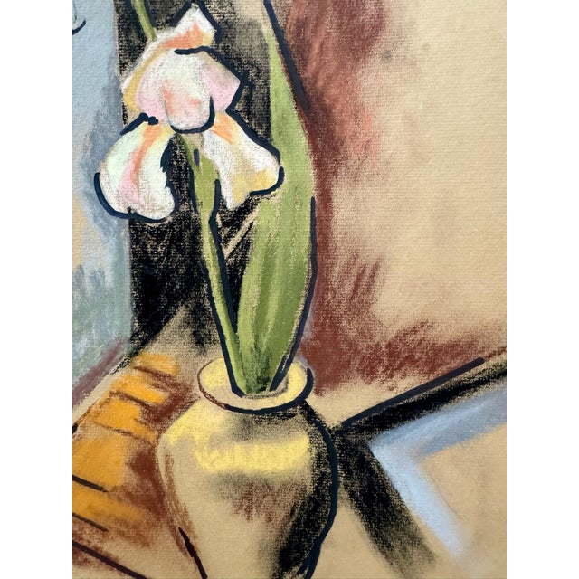 Rustic Henry Emil Salloch Original Paste on Paper Still Life With Irises in a Vase, 1971. For Sale - Image 3 of 7