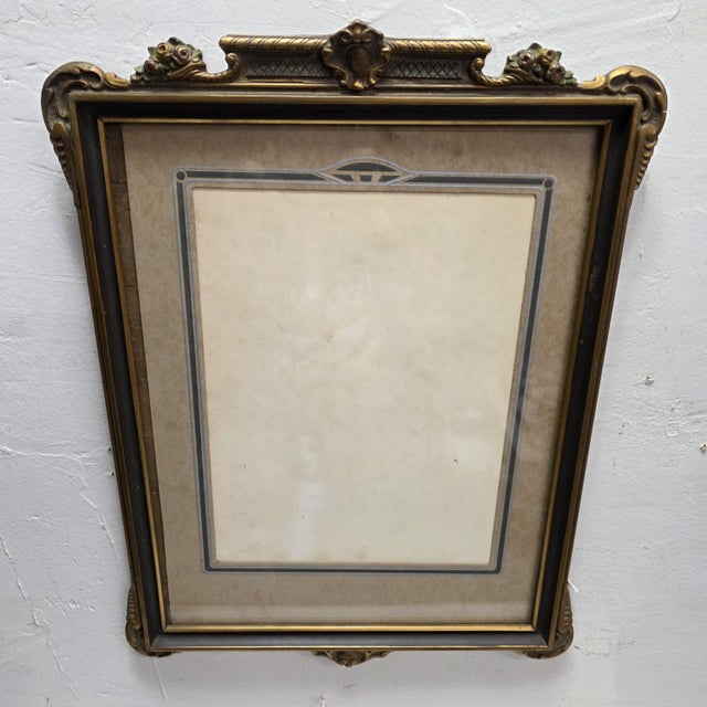 1930s Art Deco Wood Picture Frame, Gold Polychrome Floral Crest, 8x10 For Sale - Image 9 of 14