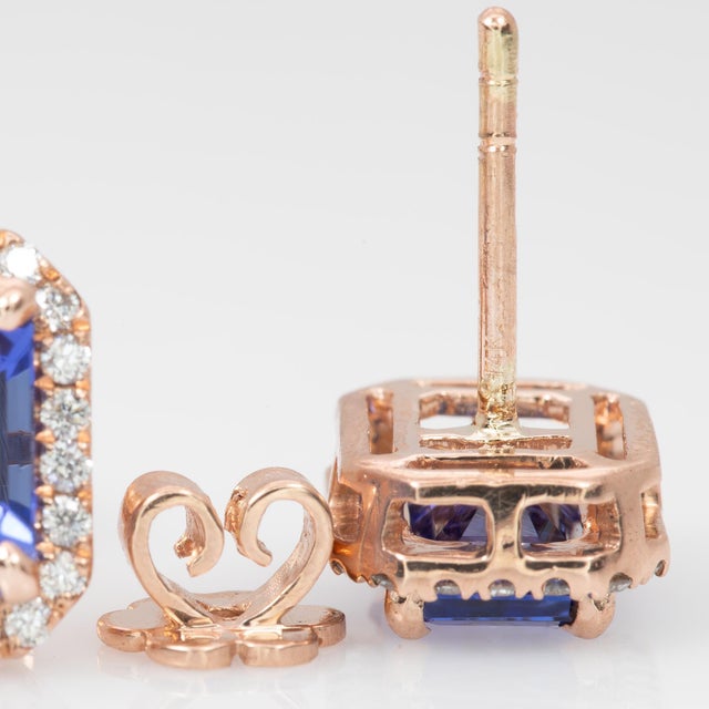 2.1Ct Aaa Tanzanite Stud Earrings & Natural Diamond Accents: Solid 14k Gold, A Pair For Sale In Columbus - Image 6 of 6