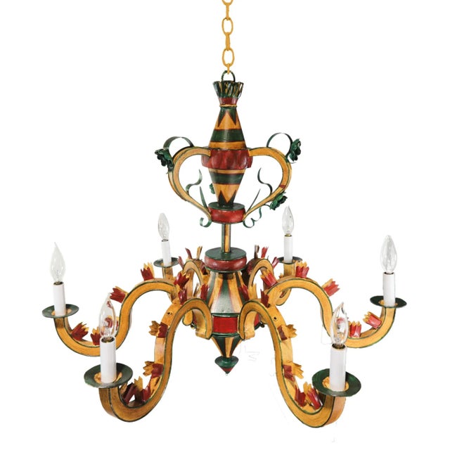 Metal Vintage Six-Arm Tole Chandelier Hand-Painted in Gold, Green, and Red For Sale - Image 7 of 13