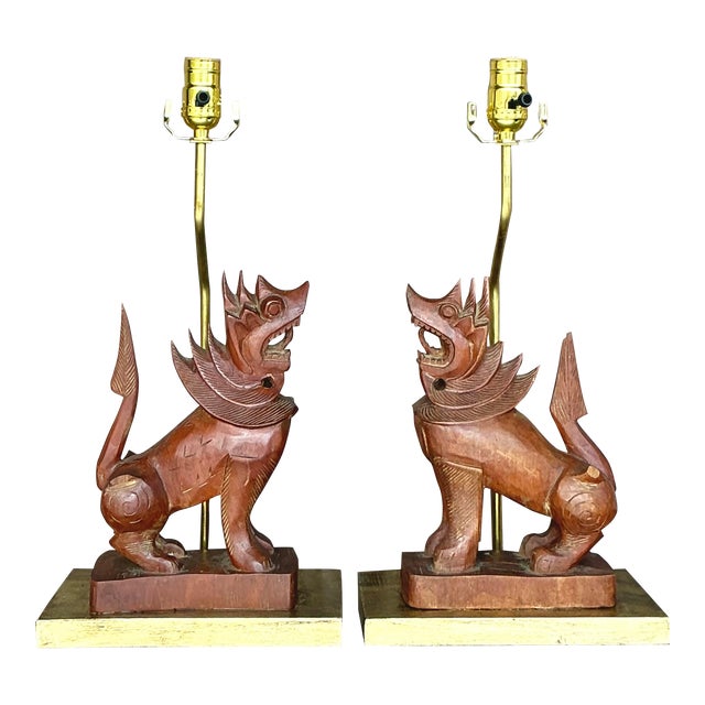 Vintage Boho Carved Wood Lion Lamps - a Pair For Sale