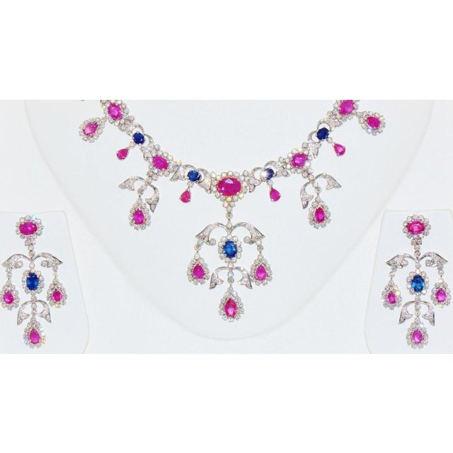 Gemstone Certified Natural 31CTS VS F Diamond Ruby Sapphire 18K Solid Gold Necklace Earrings Set, set of 3 For Sale - Image 7 of 12
