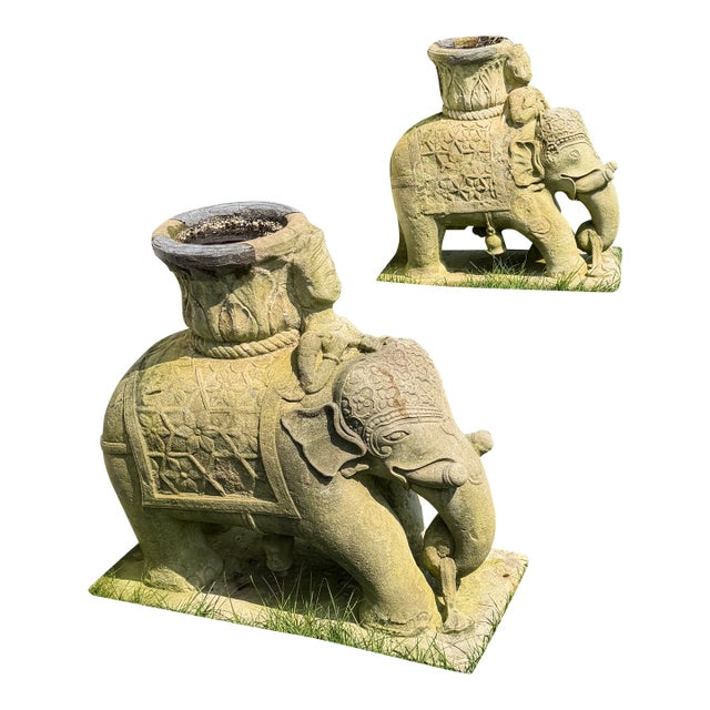 Pair of Vintage Cast Composite Elephant Garden Planters For Sale