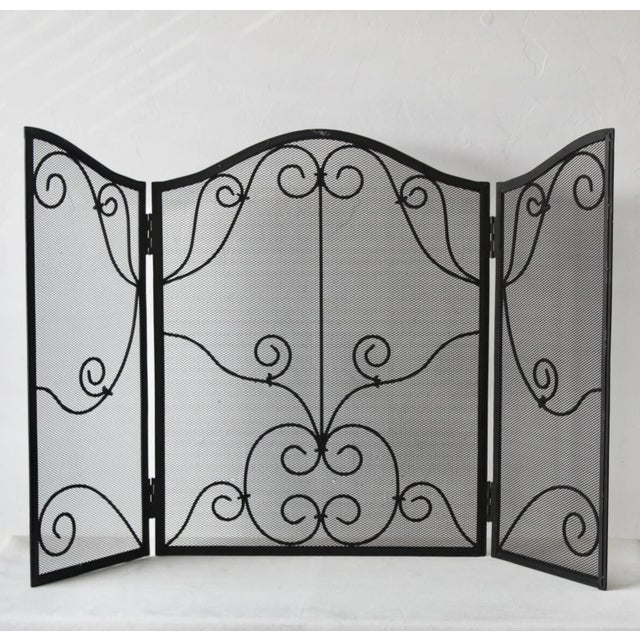 Vintage French Style Black Mesh Fireplace Screen Metal Scrollwork Details For Sale - Image 9 of 11
