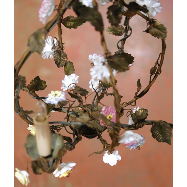 Early 20th C. French Four-Light Floral Tole Chandelier With Porcelain Flowers For Sale - Image 10 of 10