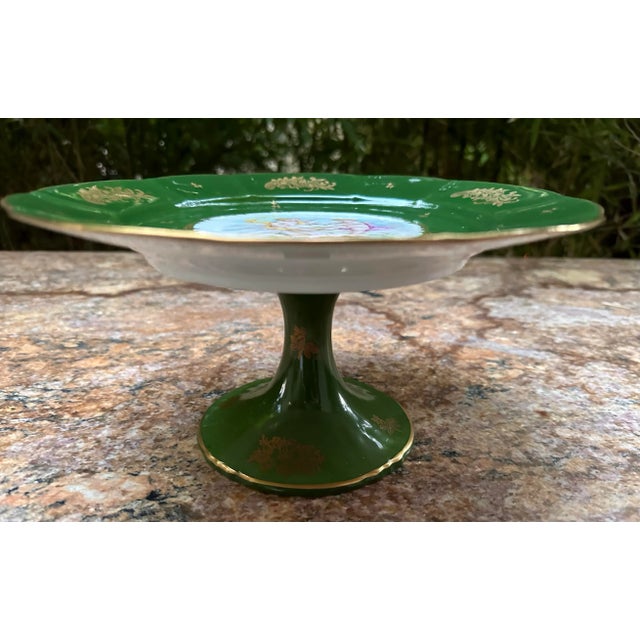 Green Vintage French Hand Painted Cherubs Gold Gilt Pedestal Green Porcelain Cake Plate Stand For Sale - Image 8 of 12