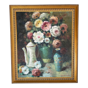Oil on Canvas, Roses and a Chocolate Pot, Signed, 1960s