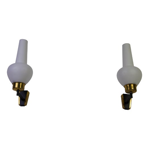 Mid-Century Brass and Opaline Wall Lamps, Italy, 1960s, Set of 2 For Sale