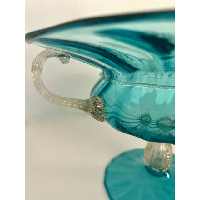 Italian Murano Glass Blue Footed Bowl With Gold Handles and Pedestal For Sale - Image 10 of 10