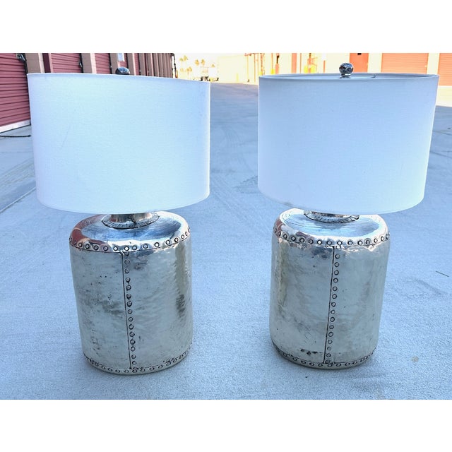 Pottery Barn Pottery Barn Siver Hammered Metal Rivet Table Lamps W/Shades-Pair For Sale - Image 4 of 11