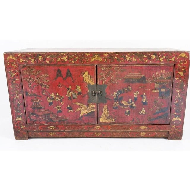 Asian Mid 19th Century Set of 4-Piece Antique Chinese Red Lacquer and Gilt-Painted Cabinets For Sale - Image 3 of 12