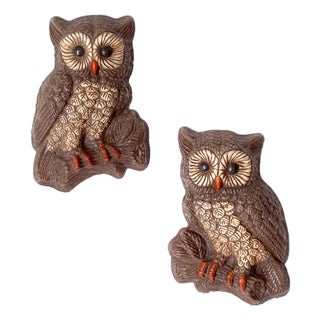 Vintage 1970s Woodland Owl Wall Plaques Pair For Sale