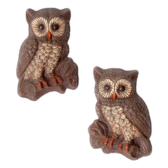 Vintage 1970s Woodland Owl Wall Plaques Pair For Sale