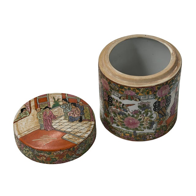 Vintage Chinese Enamel Figural Ground Canton Porcelain Round Container Jar For Sale - Image 9 of 11