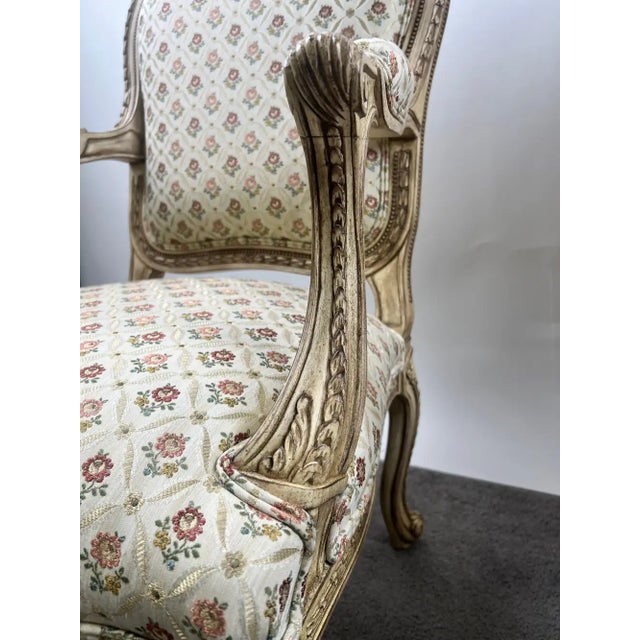 Gemstone French Louis XV Style Bergère Armchair, Painted Frame, Floral Embroidery, a Pair For Sale - Image 7 of 15