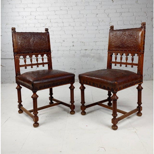 19th Century Spanish Revival Leather Embossed Dining Chairs Set of 4