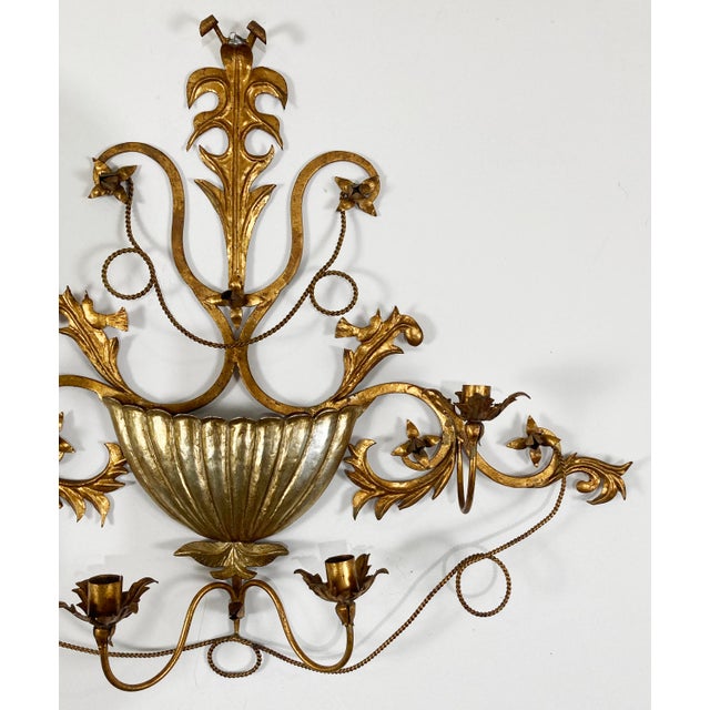 Mid 20th Century Vintage Italian Gilt Tole Metal Four Candle Wall Sconce W Wall Pocket For Sale - Image 5 of 7